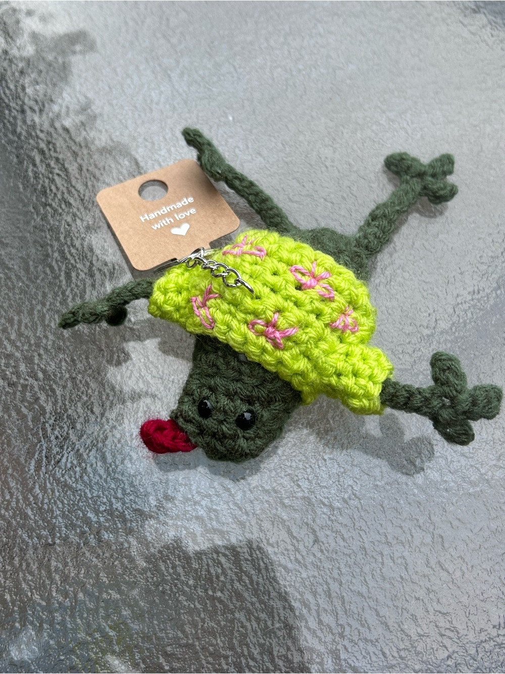 Handmade Green Frog Keychain - green sweater with pink bows 🎀